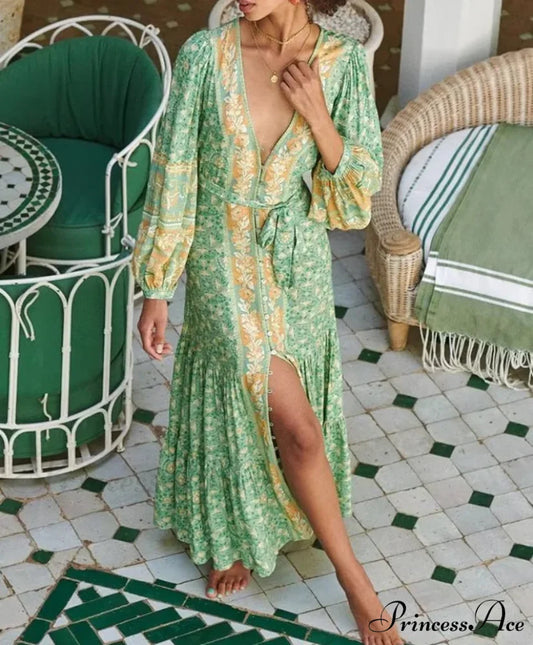 Deep Plunge Floral Long Sleeve Cotton Bohemian Dress Green / S bohodress-250126