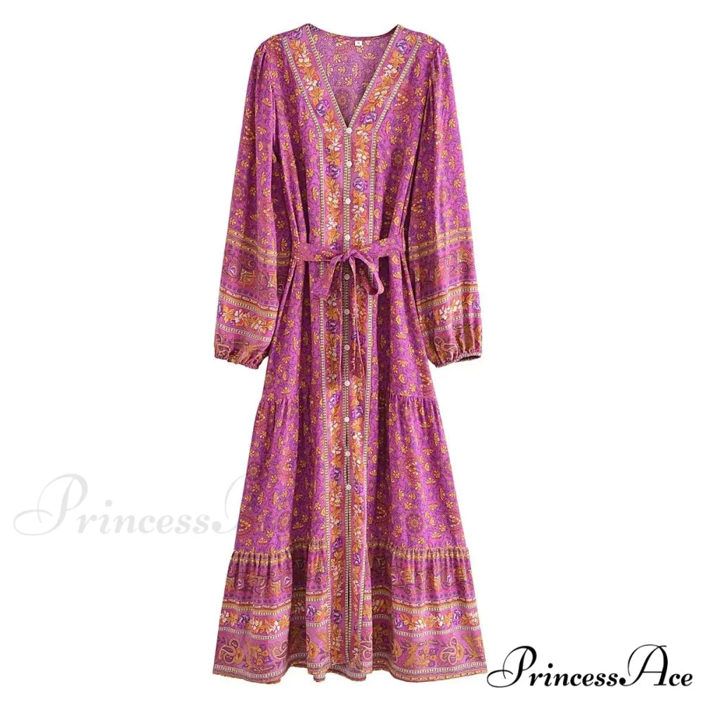Deep Plunge Floral Long Sleeve Cotton Bohemian Dress Red / S bohodress-250126