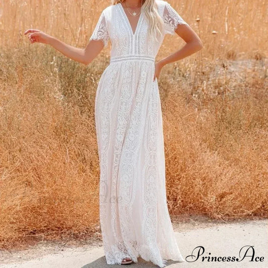 Deep Plunge Neck Lace Empty Outdated White Boho Dress bohodress-250126
