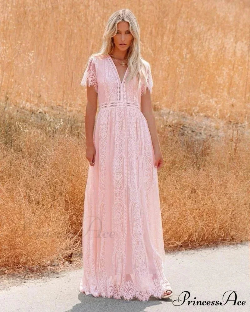 Deep Plunge Neck Lace Empty Outdated White Boho Dress bohodress-250126
