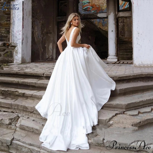 Deep Plunging Satin Transparent Wedding Gown White / 2 weddingdress-250223