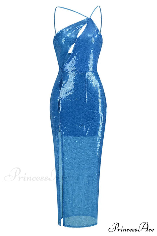 Deep Slit One Charming Shoulder Sequin Dress S / Blue