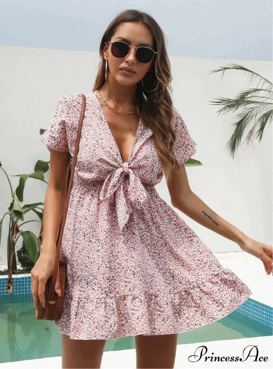 Deep V-Neck Flounces Chiffon Flowered Top S / blue