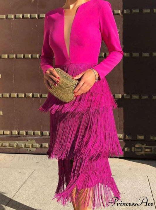 Deep V Neck Long Sleeve Bodycon Dress with Tassel Design
