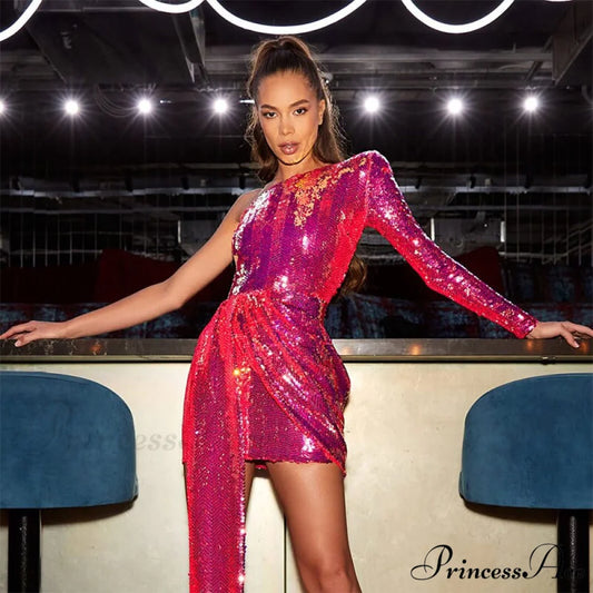 Deep V-Neck Long Sleeve Bodycon Mini Dresses Rose red / S