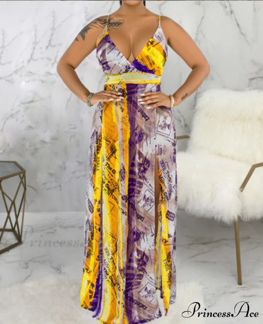 Deep V Neck Spaghetti Strap Printed Maxi Dress with Slit S / PURPLE