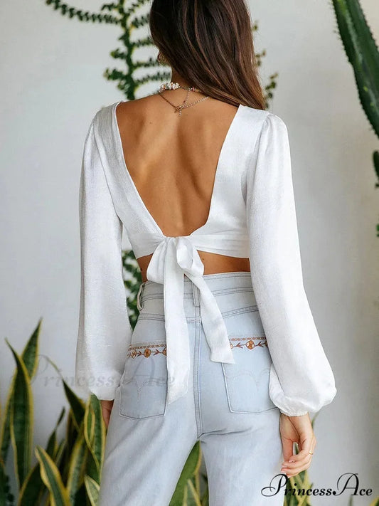 Deep V Slice Out Back Tie Backless Puff Sleeve White Blouse croptop-250126