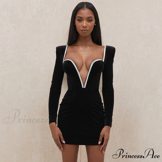 Deep Winter Neck V Gown with Diamante Crystal and Velvet Party Detail Black / S