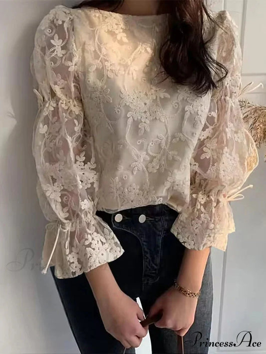 Delicate Stitching Puff Sleeve Top Festive Top Beige / S blouse-250126