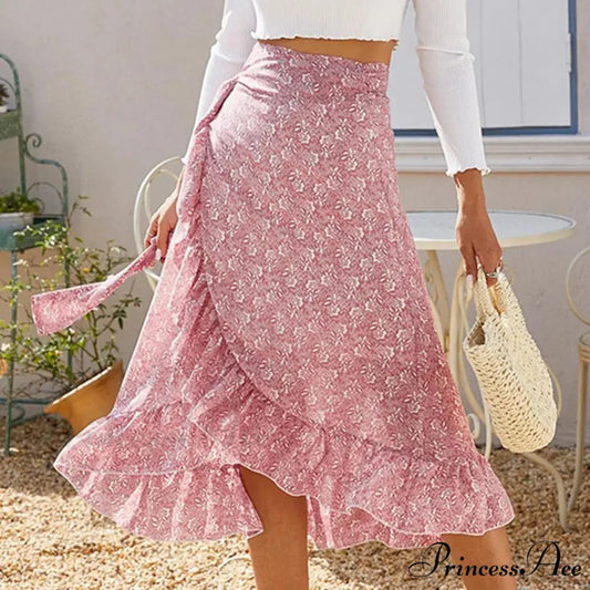 Delightful Airy Flounce Hemline Slit Design Long Skirt Pink / S skirt-250126