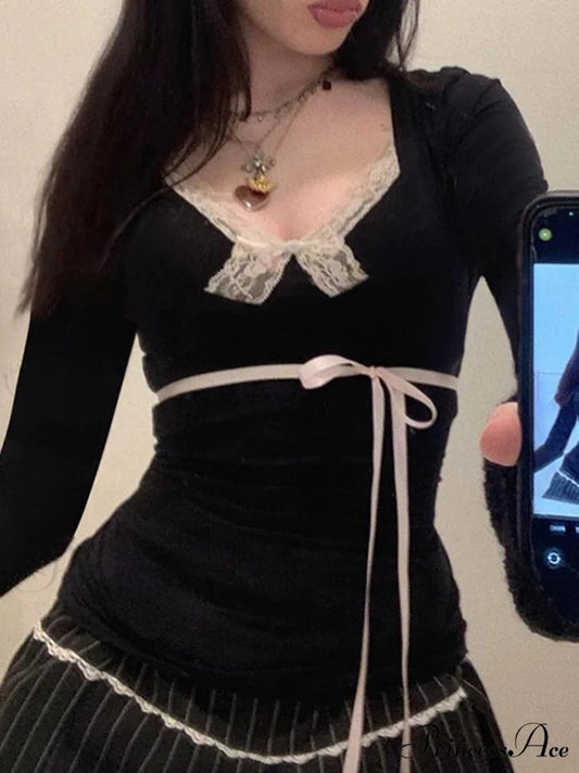 Delightful Bandage Slender Deep V-Neck Lace Trim Knit Top Black / S knittop-250126