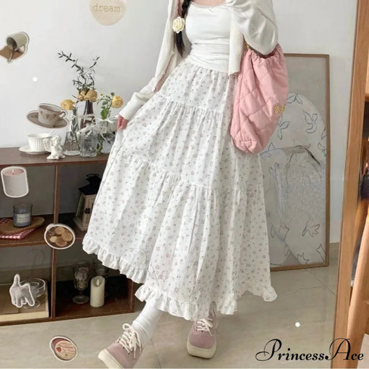 Delightful Blossom Fungus A-line Skirt Women Elevated Waist Gathered Cake Skirt WHITE / S skirt-250126