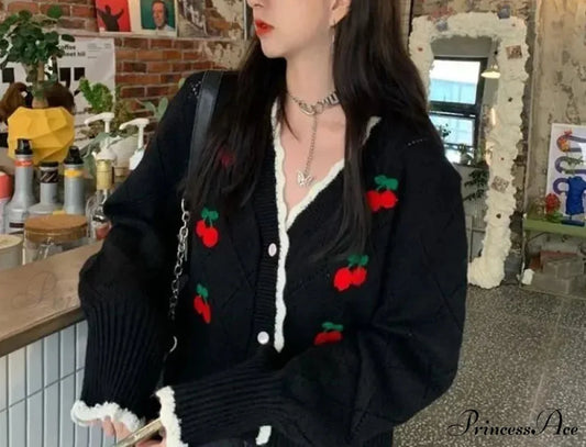 Delightful Cherry Button-Up Patchwork Knit Cardigan Black / One Size cardiagn-250126
