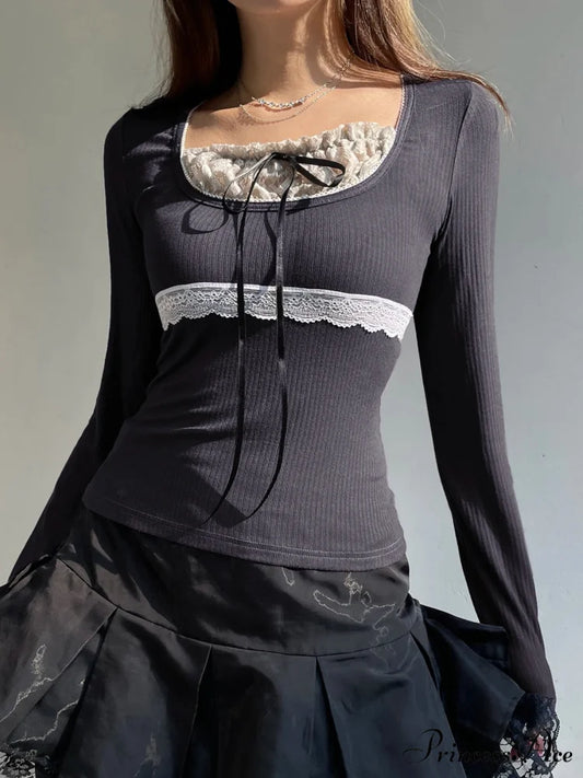 Delightful Patchwork Lace Trim Sleek Bow O-Neck Knit Top Gray / S knittop-250126