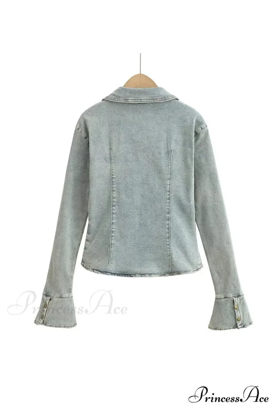 Denim Blouse with Bell Sleeves and Lapel Blue / L