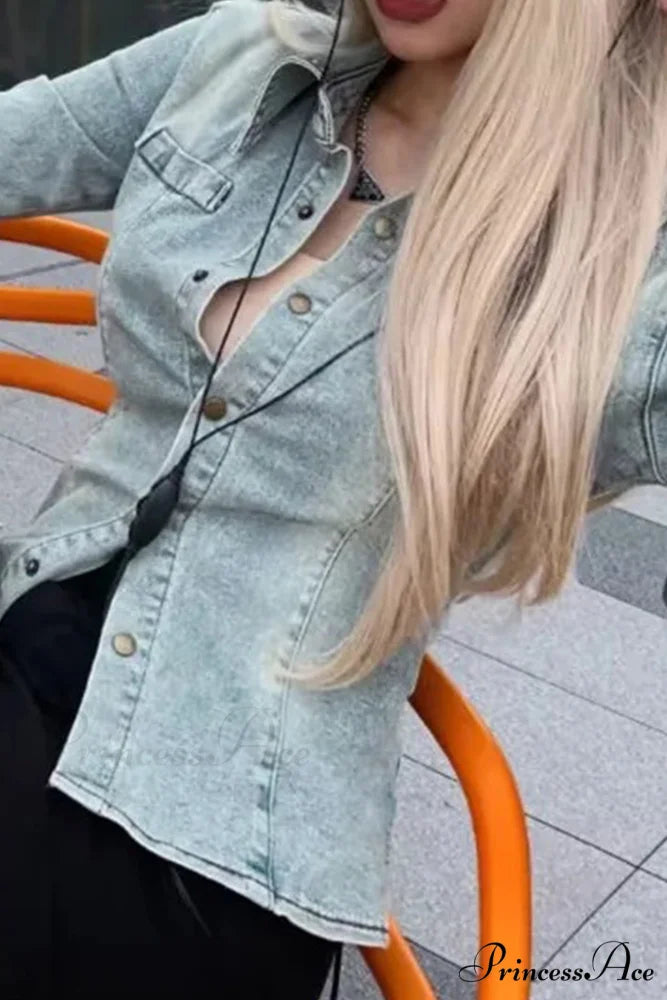 Denim Blouse with Bell Sleeves and Lapel Blue / M