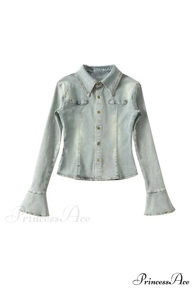 Denim Blouse with Bell Sleeves and Lapel Blue / S