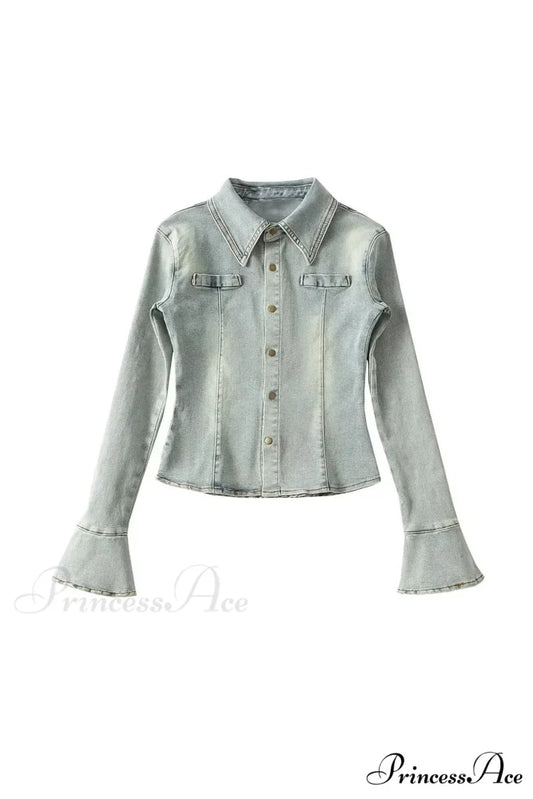 Denim Blouse with Bell Sleeves and Lapel Blue / S