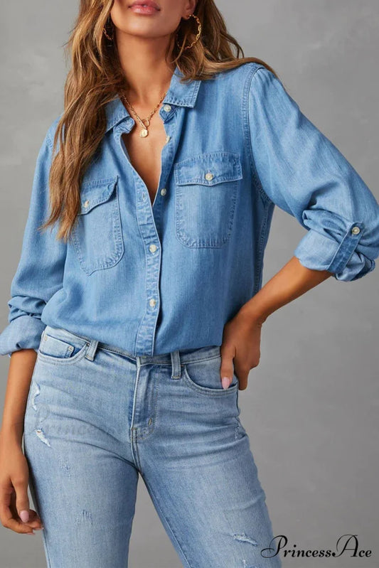 Denim Button-Up Blouse Blue / S