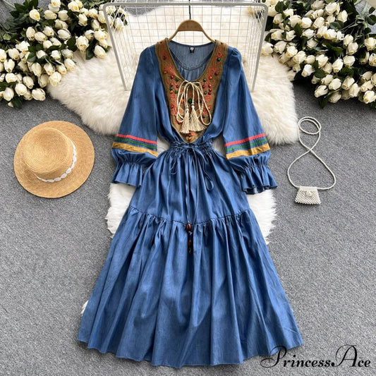 Denim Cowboy National Women Embroidered A Korean Folded Autumn Line Jeans Warm-Season Arm Gown 2024 Long Dress Blue / M