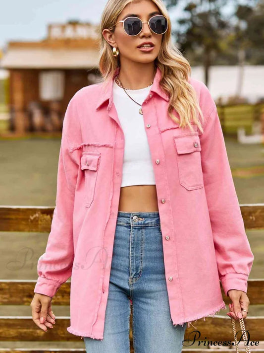 Denim Hem Raw Neck Collared Top Carnation Pink / S