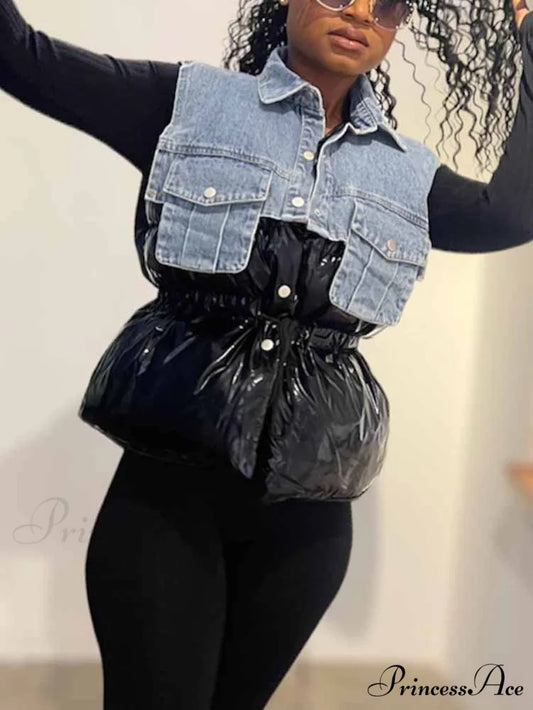 Denim Puff Graceful Sleeve Mini Dress Black / One Size