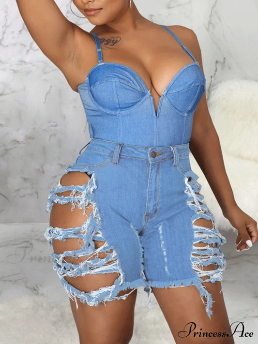 Denim Puff Graceful Vest Jacket Blue / S