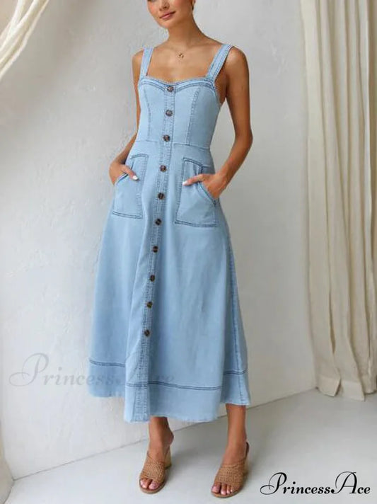 Denim Suspender Casual Charming Button Midi Dress