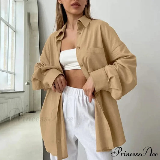 Dense Baggy Cotton Top Graceful Fall Top Khaki / S blouse-250126