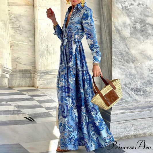 Design Button Coastal Detail Flowered Neckline - Party Full-Length Gown and Folded Gown with for Turn-down Bohemian