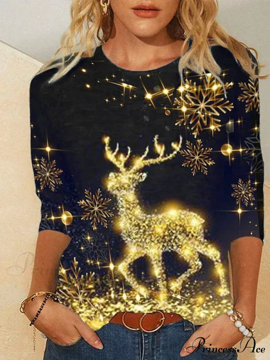 Design Neck with Long Christmas Weekend Reindeer - Snowman Round T-shirt Basic and Arm Women’s Black Painting Black-T1
