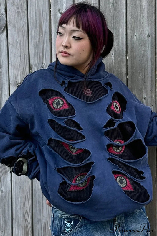 Devil Eye Ripped Embroidered Vintage Hoodie