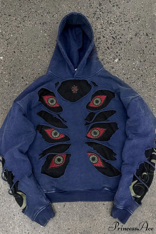 Devil Eye Ripped Embroidered Vintage Hoodie