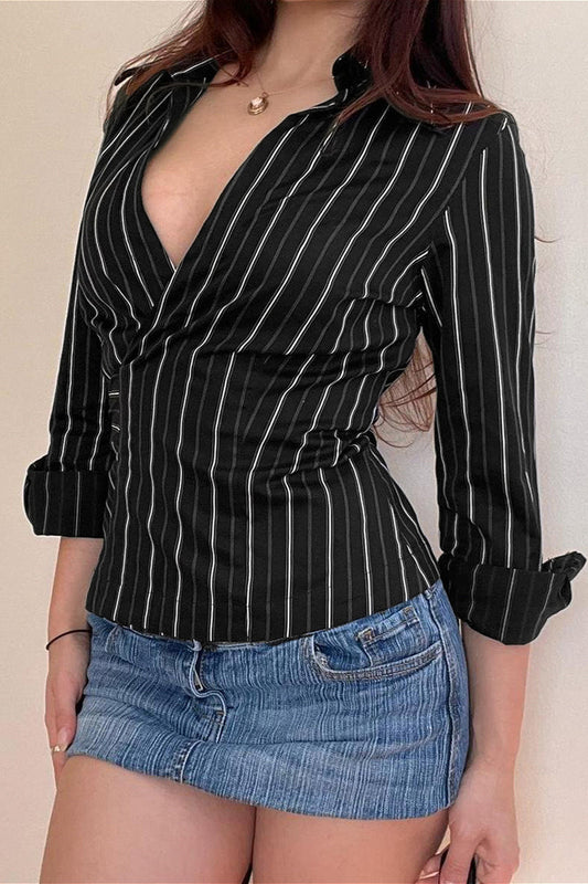 Woven Striped Collared Tie Waist Long Sleeve Blouse