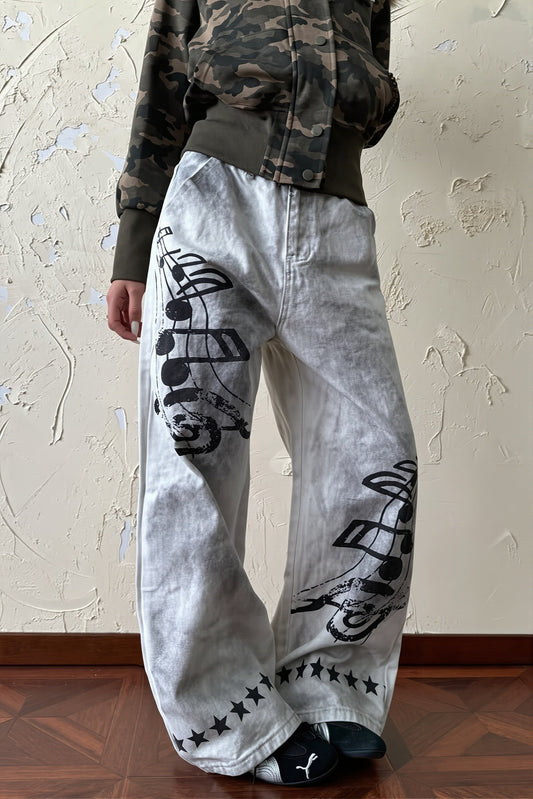 Music Note Washed Wide Leg Jeans