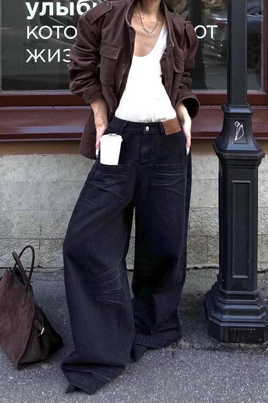 Vintage Washed Reverse Pocket Wide Leg Floor Jeans