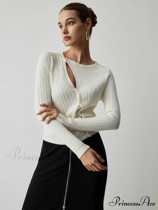 Diagonal Buttoned Rib Trendy Long Sleeve Top White / S