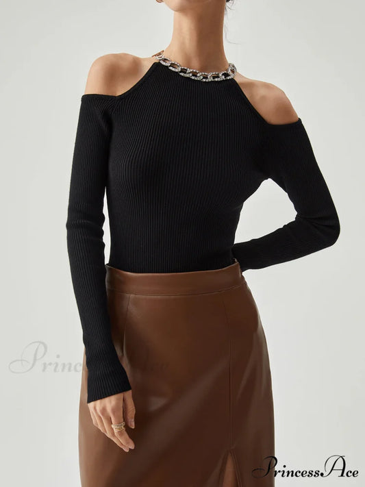 Diamante Neckline Cutout Trendy Long Sleeve Knit Top Black / S