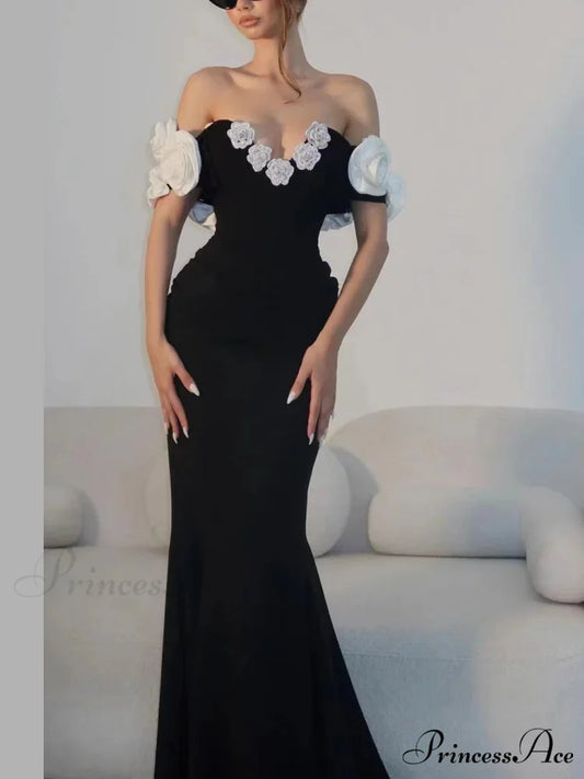 Diamond Flowers Off-The-Shoulder Party Dress Black / XS