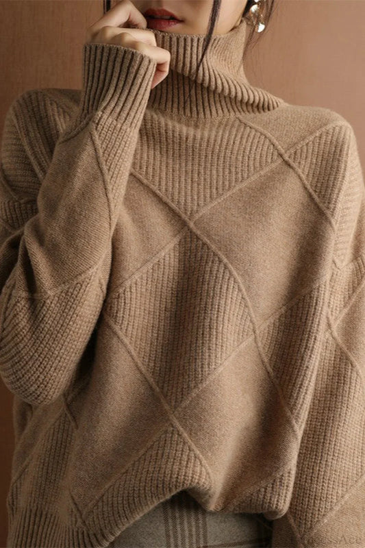 Diamond Pattern Turtleneck Loose Long-Sleeve Sweater