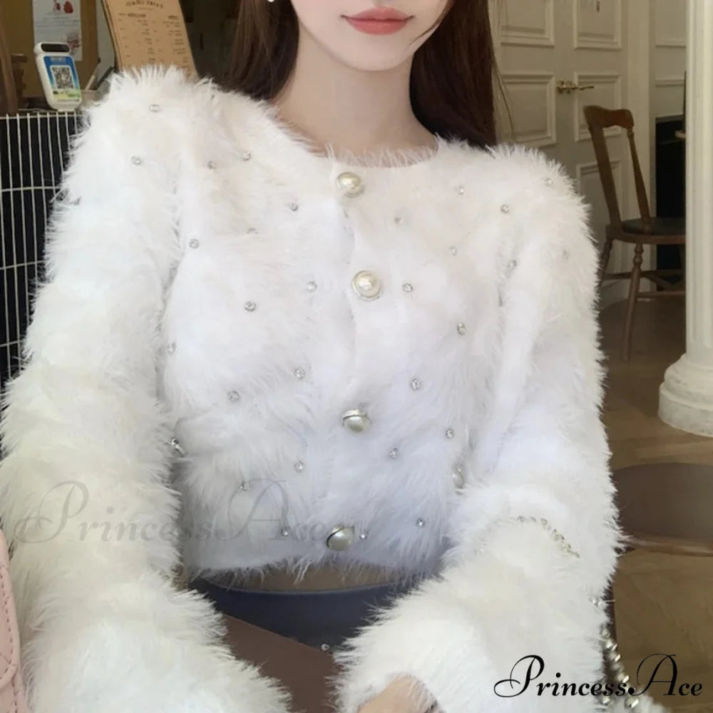 Diamond Pink Plush Knit Cardigan WHITE / One Size
