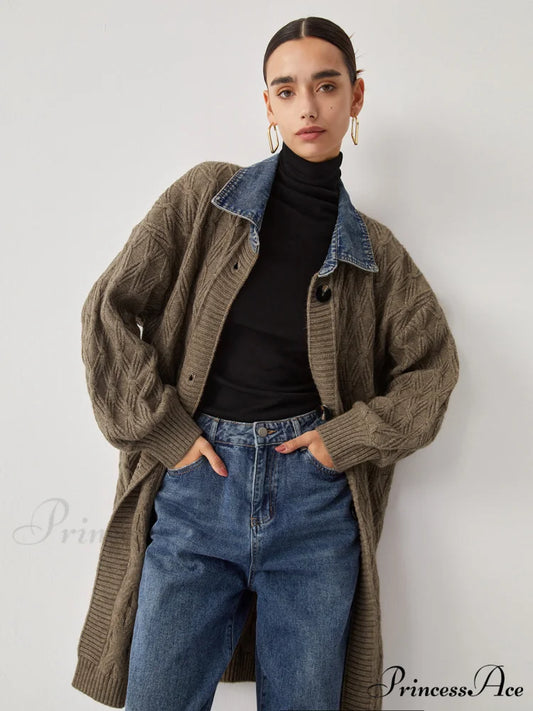 Diamond Stitch Graceful Knitting Longline Cardigan Khaki / S