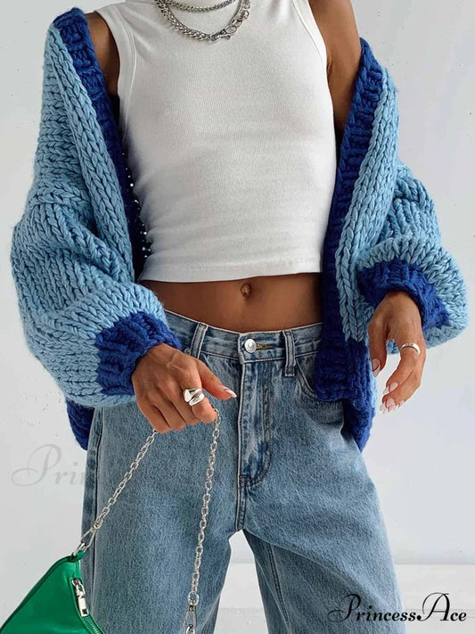 Different Color Open Front Baggy Knit Cardigan Blue / S cardiagn-250126