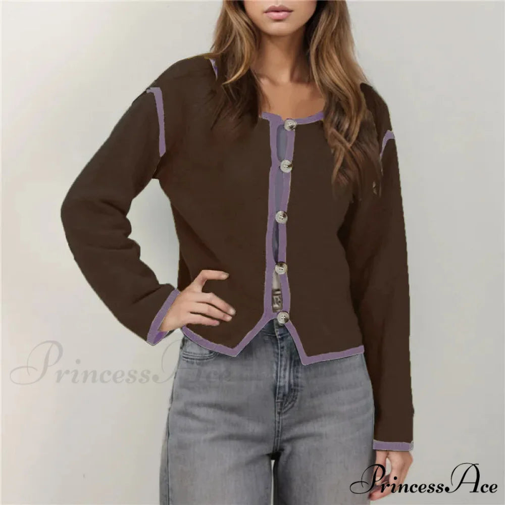Different Colored Thread Long Sleeve Button Cardigan Dark Brown / S cardigans-241228