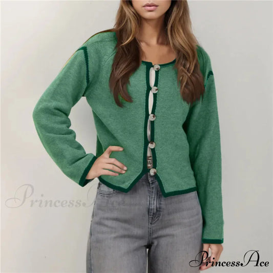Different Colored Thread Long Sleeve Button Cardigan Green / S cardigans-241228