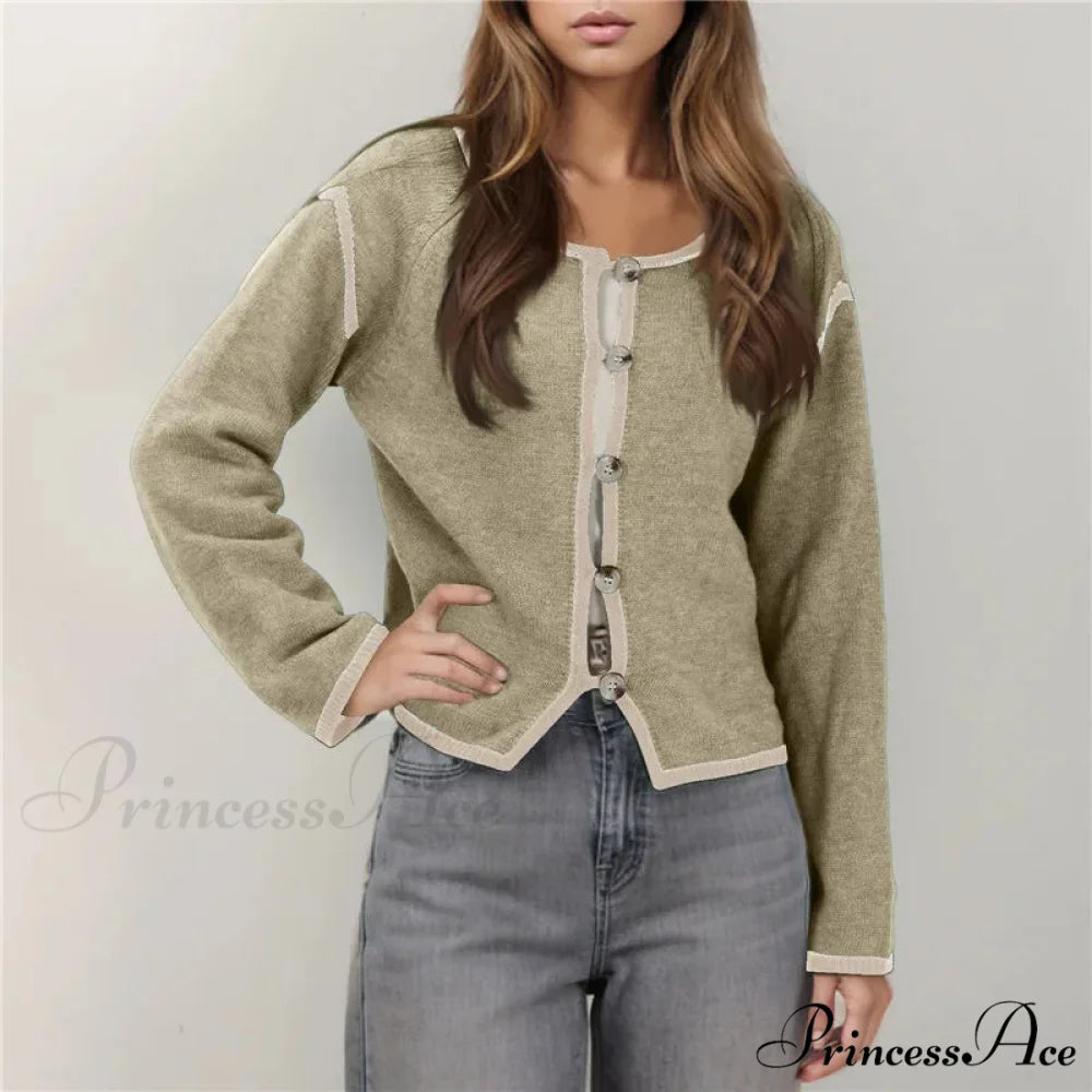 Different Colored Thread Long Sleeve Button Cardigan Khaki / S cardigans-241228