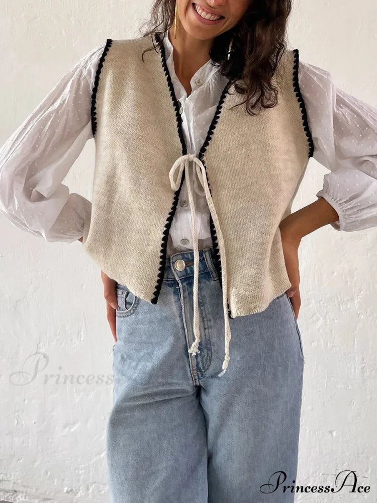 Differentiate Border Tying V-Neck Knit Waistcoat Cardigan beige / S cardigans-241228