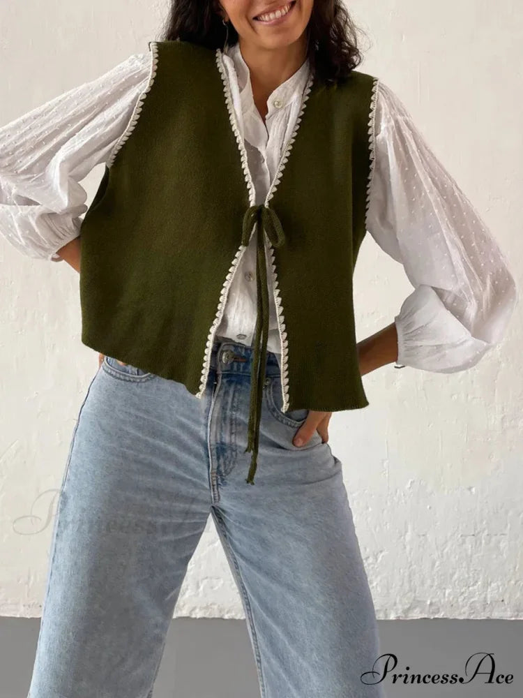 Differentiate Border Tying V-Neck Knit Waistcoat Cardigan black / S cardigans-241228