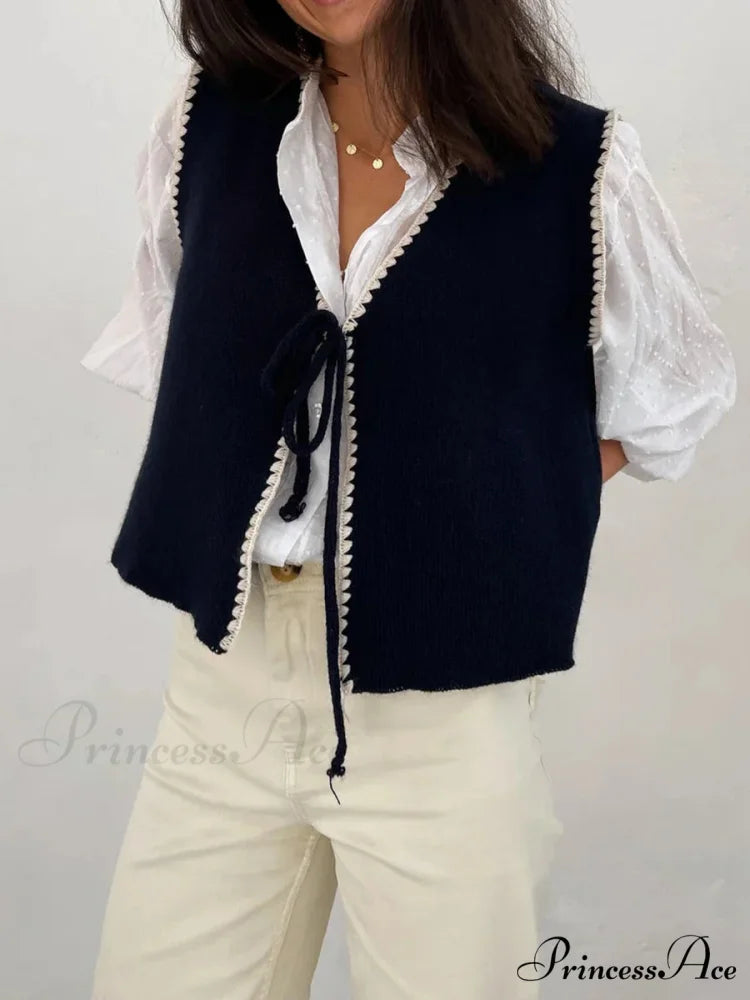 Differentiate Border Tying V-Neck Knit Waistcoat Cardigan cardigans-241228