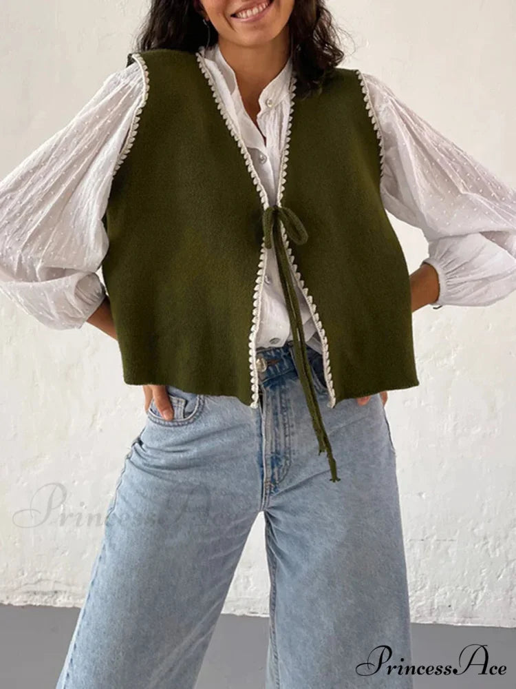Differentiate Border Tying V-Neck Knit Waistcoat Cardigan cardigans-241228